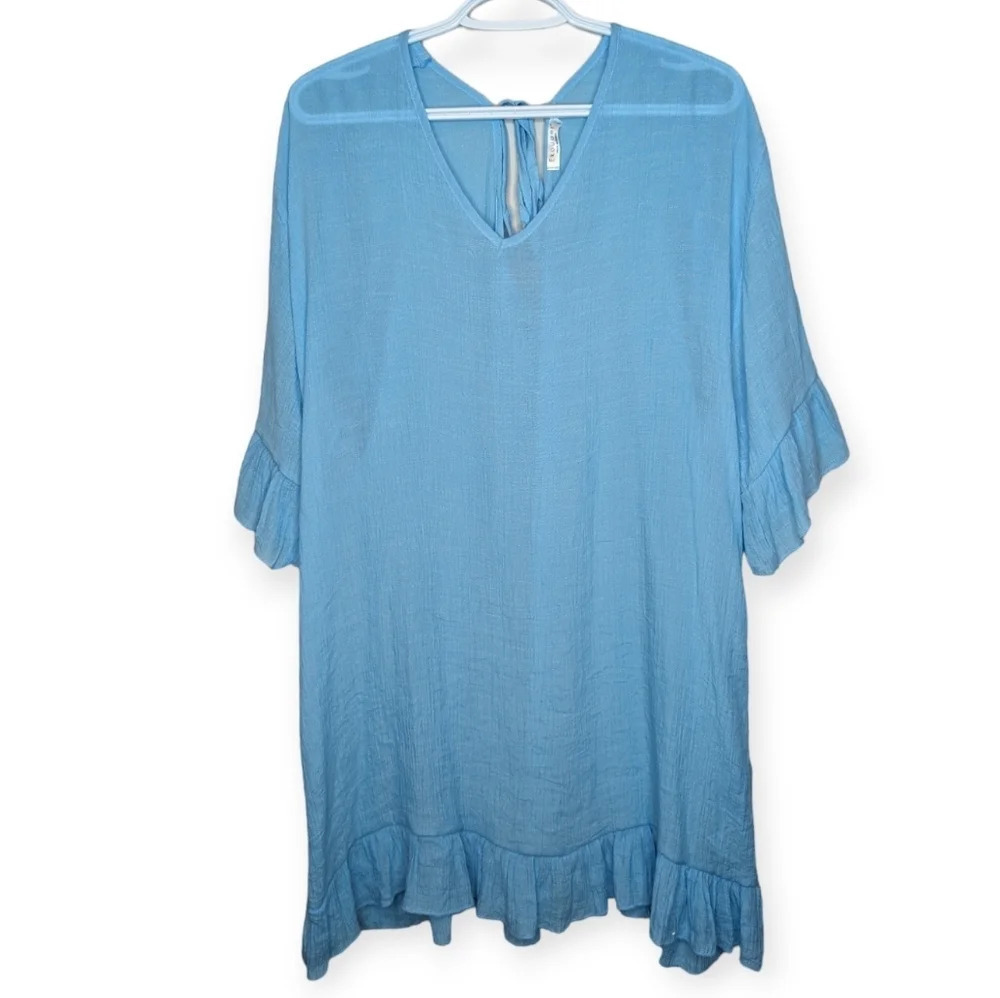 Ekouaer Lightweight Blue Textured V  Neck Cover Up Ruffled Sleeve Women Large